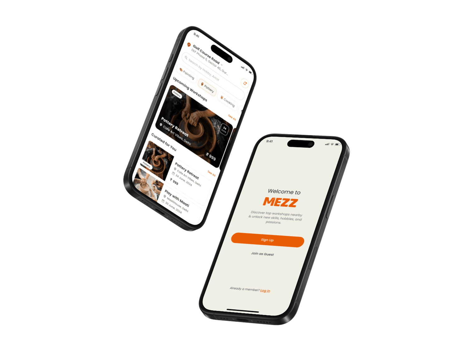 Mezz app mockup showing workshop discovery and onboarding screens